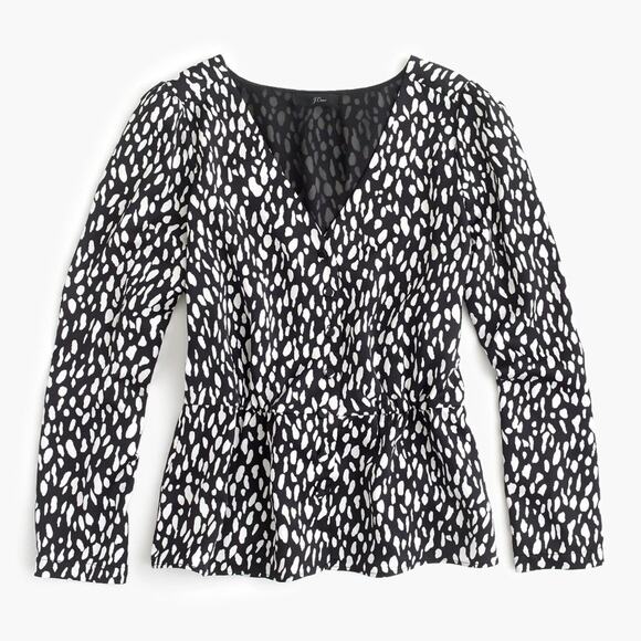 J. Crew Peplum Waist Satin Crepe Black White Print Top Size 2 - Picture 1 of 10